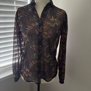 Vintage 1970’s One Main Place Sheer Dark Botanical Button-Up Blouse Size XS